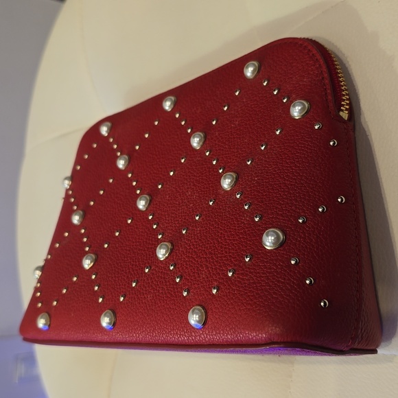 Kate Spade Red Leather Gold Hayes Street Pearl Zip Top Cosmetic Make UP Case - Picture 7 of 7